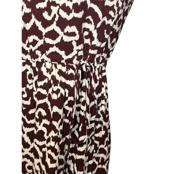 Ann Taylor Loft Brown White Button Up Short Sleeve V-Neck Tie Waist Dress XXSP - Picture 2 of 8